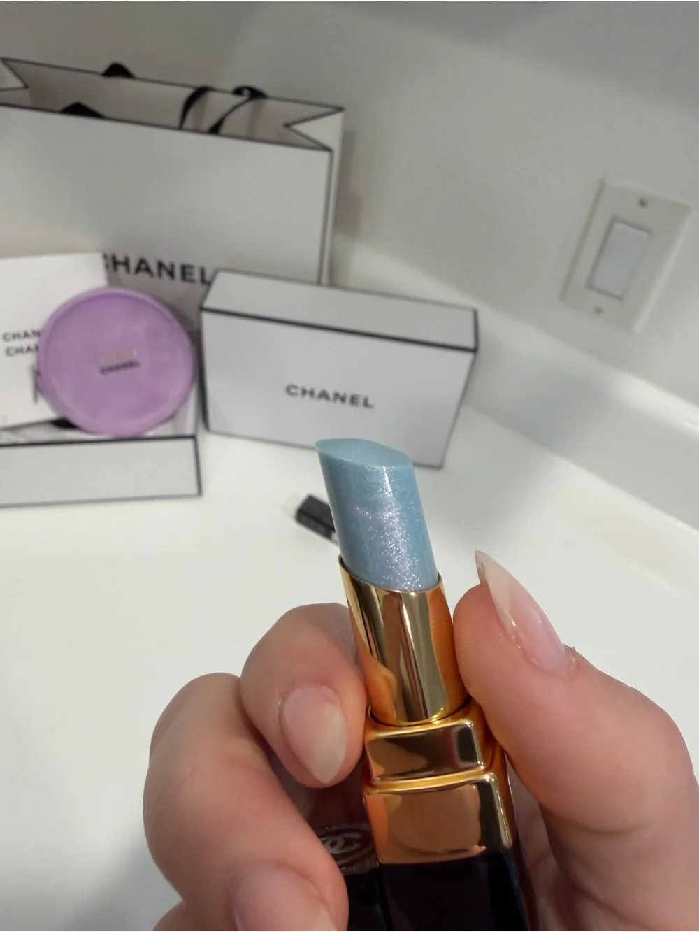 CHANEL Rouge Coco Flash Lipstick 284 Baby Blue CHANCE Velvet Pouch Bundle NWT